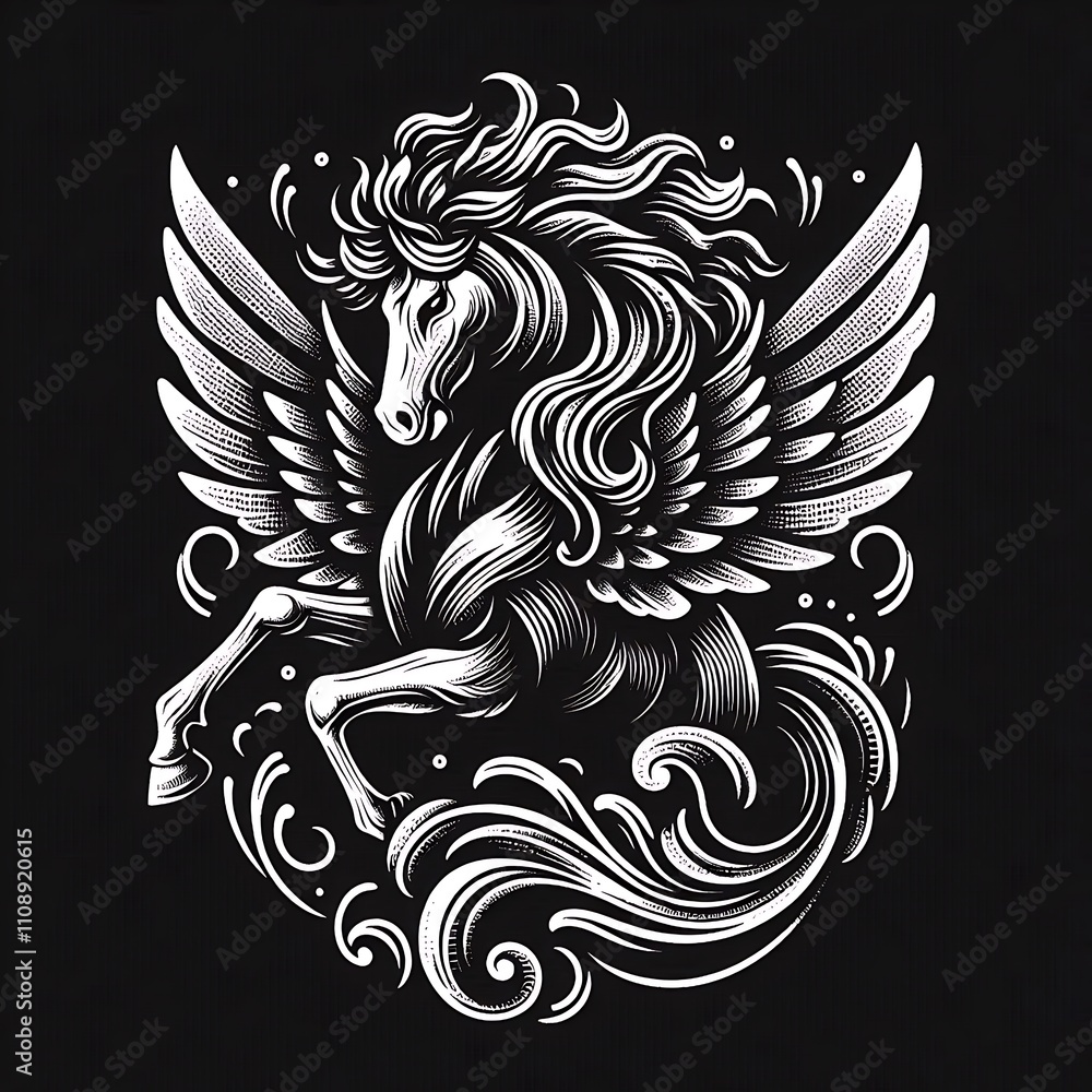 Fototapeta premium Winged horse illustration with flowing mane and waves.