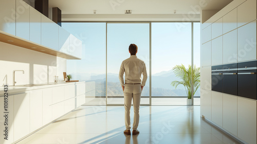 Real estate agent in modern kitchen with panoramic view