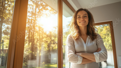 Free Download Smiling real estate agent in sunlit modern home - GFXLoad