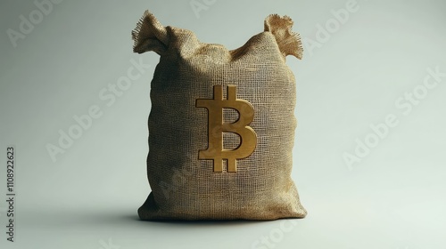 Golden Bitcoin Symbol on Canvas Money Bag Against Soft Background photo