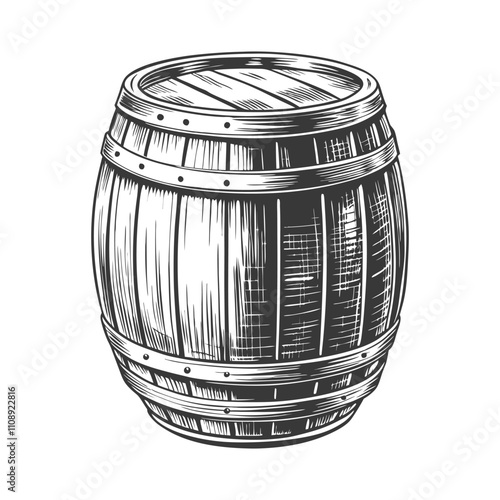 Vintage style engraved illustration of a wooden barrel, ideal for storing and aging wine, whiskey, rum, or beer, showcasing traditional craftsmanship and rustic charm