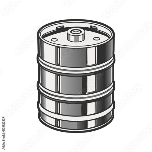 Monochrome illustration presents a classic beer keg, emphasizing its metallic sheen and structural details, ideal for conveying concepts of brewing, storage, and dispensing of beverages