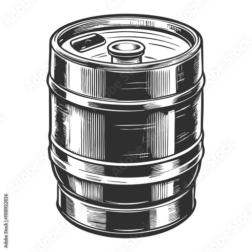 Vintage engraving of a metal beer keg with tap on a white background, perfect for beer related projects