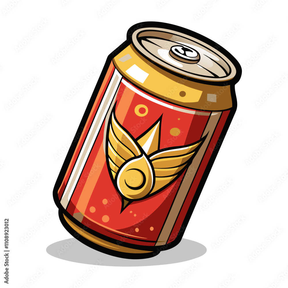 Obraz premium Red and gold energy drink can tilting on a white background, featuring a prominent gold wing logo, creates a dynamic and energetic visual, ideal for advertising or branding purposes