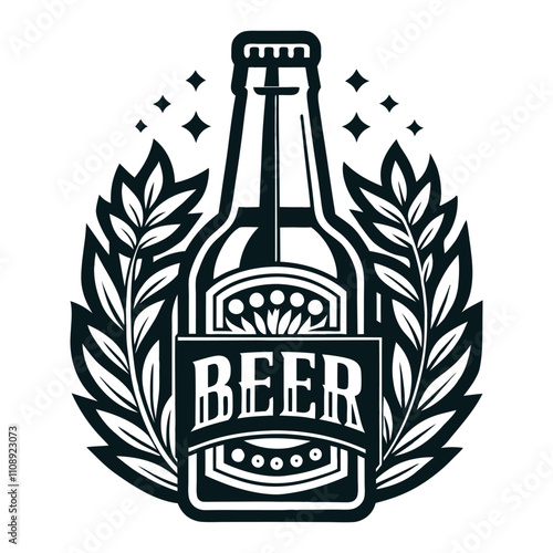 Monochrome vintage logo featuring a glass beer bottle surrounded by hops and barley, ideal for breweries, pubs, and beer related businesses