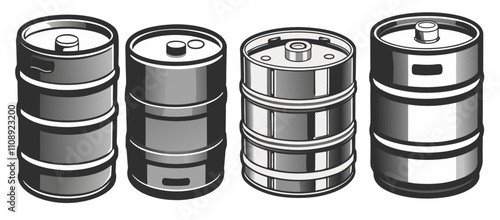 Four gray and silver metallic kegs with different designs are standing, ready to be used for storing and dispensing beer, showcasing the variety of keg types available