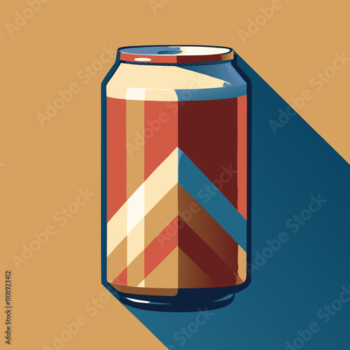 Aluminum can with a colorful, geometric design casts a dramatic shadow against a two toned background, evoking coolness and refreshment