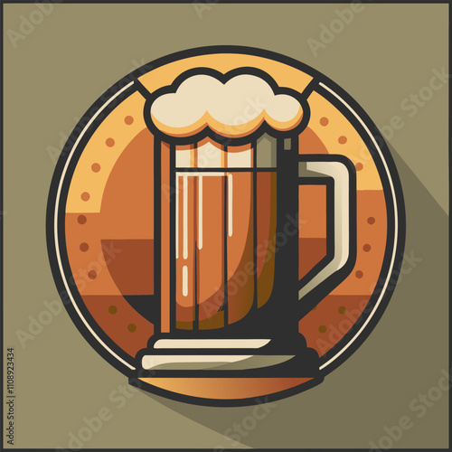 Refreshing foamy beer with handle inside round label, showing golden beverage for brewery, pub, restaurant or bar promoting oktoberfest, saint patrick's day or any occasion