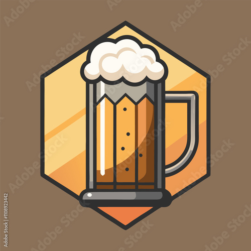 Cartoon illustration featuring a refreshing beer glass shaped like a pencil, placed within a hexagon, creating a unique and playful design