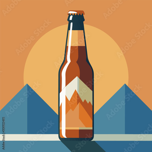 Brown beer bottle featuring a stylized mountain label stands against a backdrop of a setting sun and pyramid silhouettes, evoking a sense of adventure and refreshment