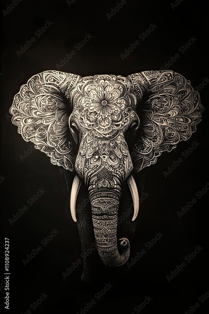 Obraz premium Elephant tattoo in white ink with mandala patterns on a dark black backdrop