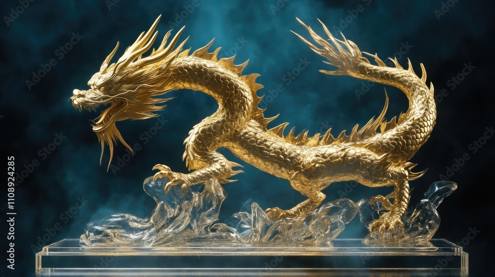 Fototapeta premium Majestic Golden Dragon Sculpture on Clear Base in Mystic Atmosphere
