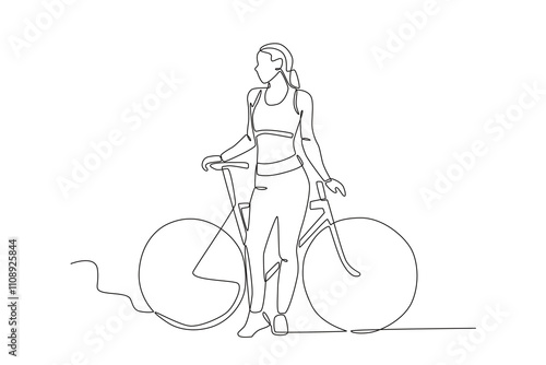 Single continuous line drawing of Woman resting sitting on her bicycle in the park. Dynamic single line draw design graphic vector illustration.

