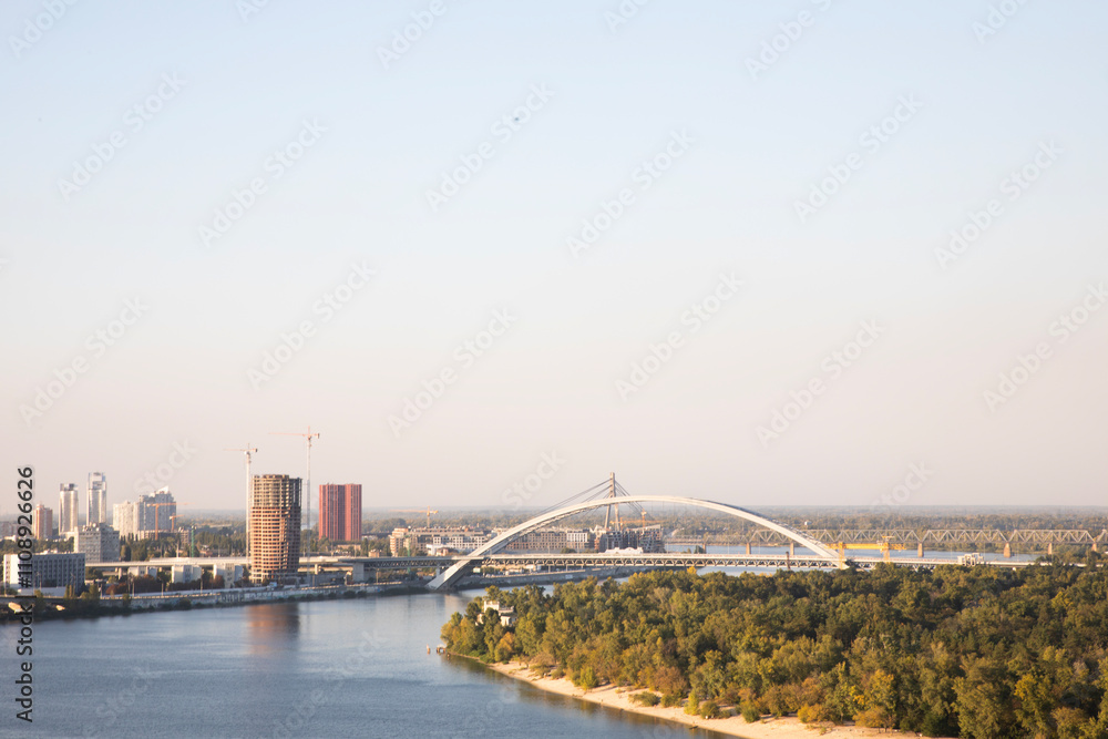 Beautiful view of the Podil district and Dnipro river in Kyiv, Ukraine