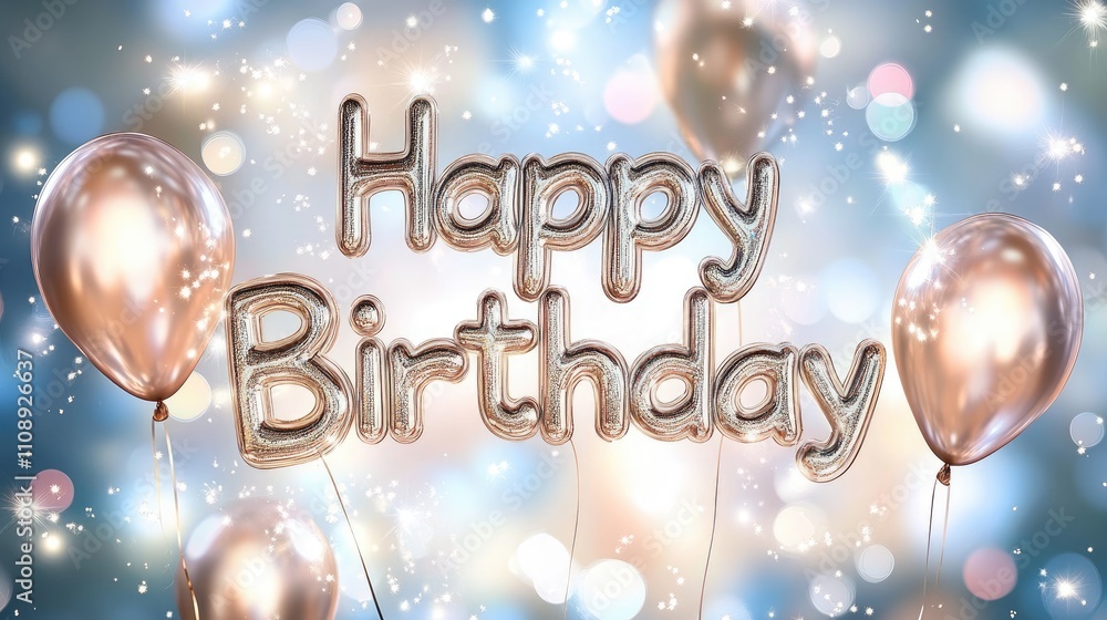 Naklejka premium Festive Celebration with Happy Birthday Balloons and Sparkling Lights