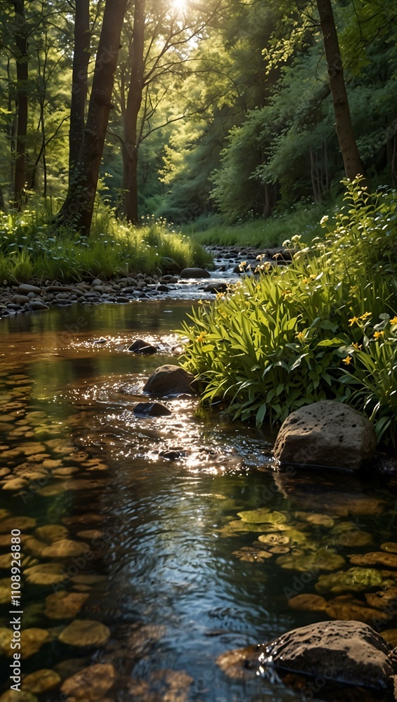 Obraz premium Sunlit stream flowing through a lush forest with wildflowers on the banks.