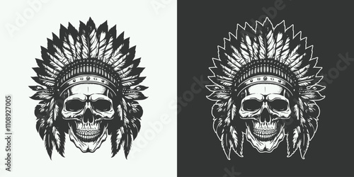 Skull heam human anatomy portrait with indian native american chief feathers decoration шддгыекфешщт