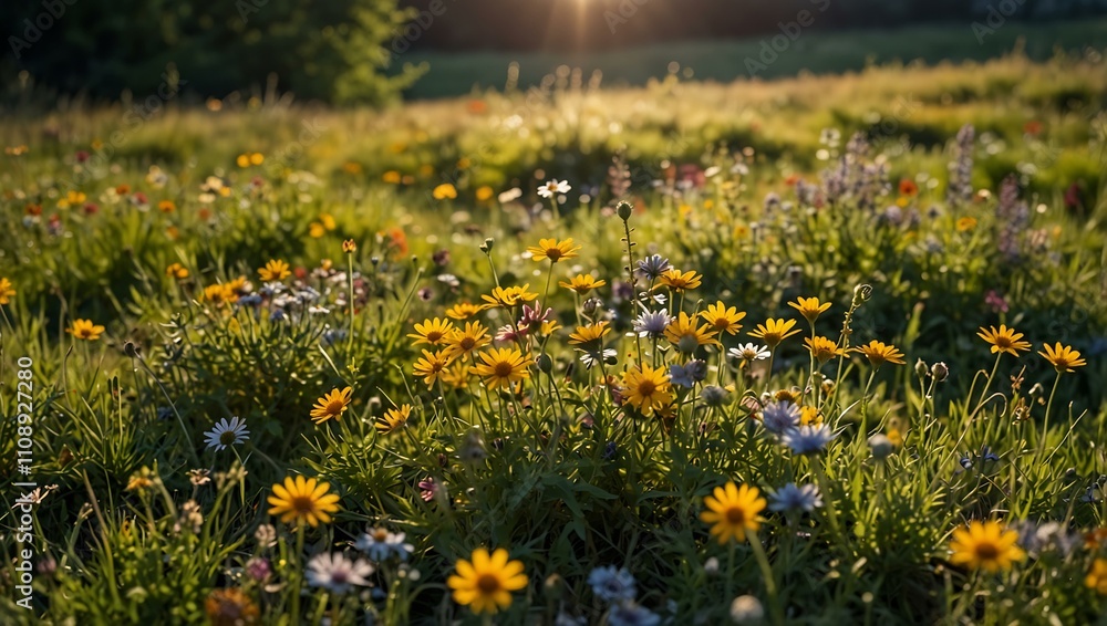 Obraz premium Sunny wildflower meadow, perfect for nature themes.