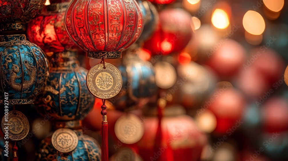 Fototapeta premium Vibrant chinese lanterns glowing in the evening lights