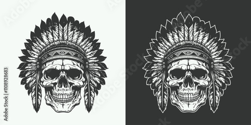 Skull heam human anatomy portrait with indian native american chief feathers decoration шддгыекфешщт