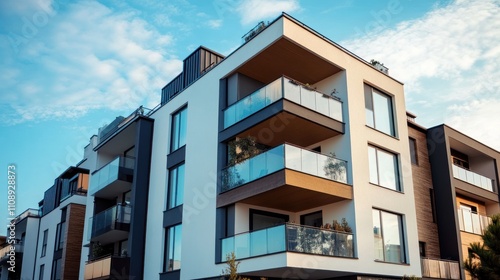 Modern apartment building with balconies and glass railings against a blue sky.
