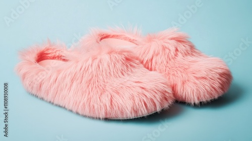 Cozy Pink Fluffy Slippers on Light Blue Background photo