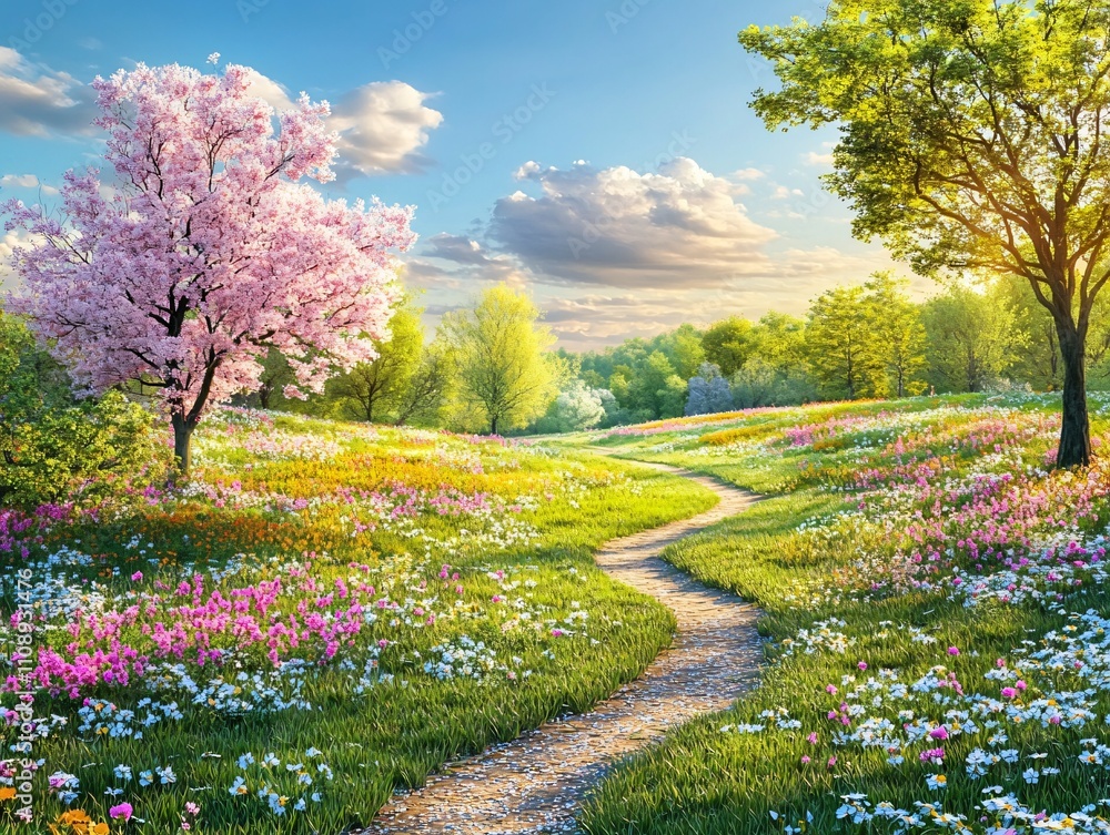 Naklejka premium A serene landscape with blooming trees and a winding path through colorful wildflowers.