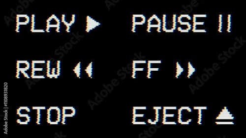 6 VHS Playback Elements with Screen Distortion Noise - Play, Pause Rewind Fastforward Stop Eject