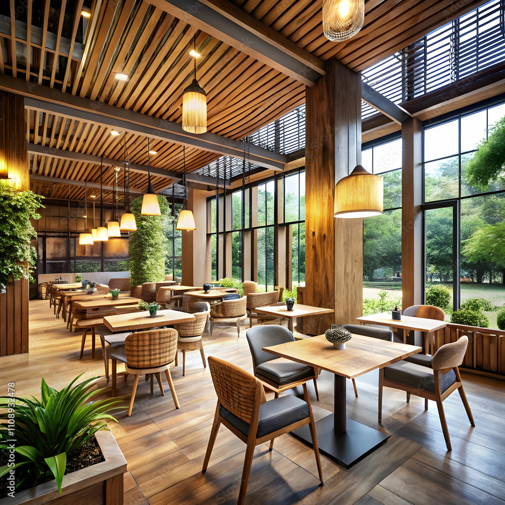 Fototapeta premium Art Corridor Cafe with Expansive Windows and Natural Ambiance