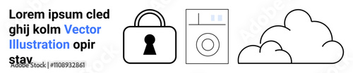 Lock, server, and cloud icons in black outline representing data security, storage, and cloud computing. Ideal for cybersecurity, online safety, data protection, cloud services IT infrastructure