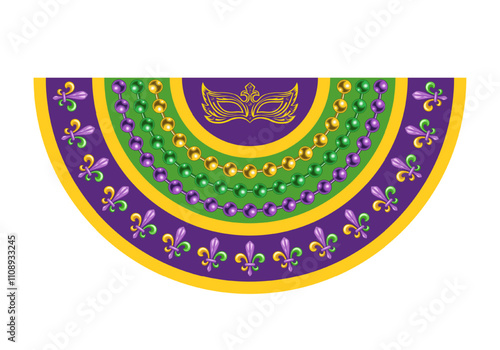 Semicircle Mardi Gras banner, flag for holiday celebration, decoration. Half circle bunting with Fleur de Lis symbol masks, strings of beads. Vintage style