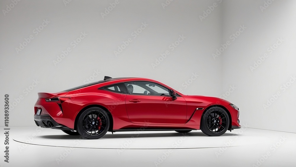 Fototapeta premium Red Sports Coupe Car Side Profile on White Background, Featuring Modern Design and Black Alloy Wheels