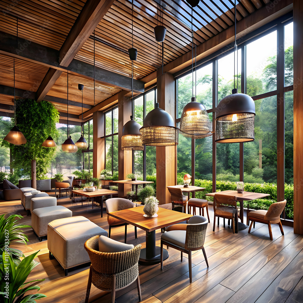 Fototapeta premium Art Corridor Cafe with Expansive Windows and Natural Ambiance