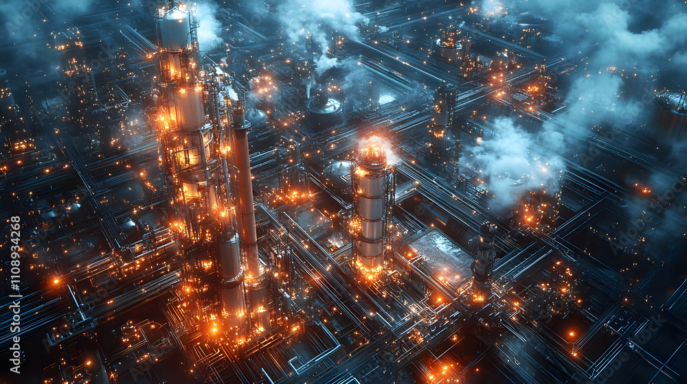 Night Refinery: Industrial Complex Glows Brightly at Night Night Refinery: Industrial Complex Glows Brightly at Night