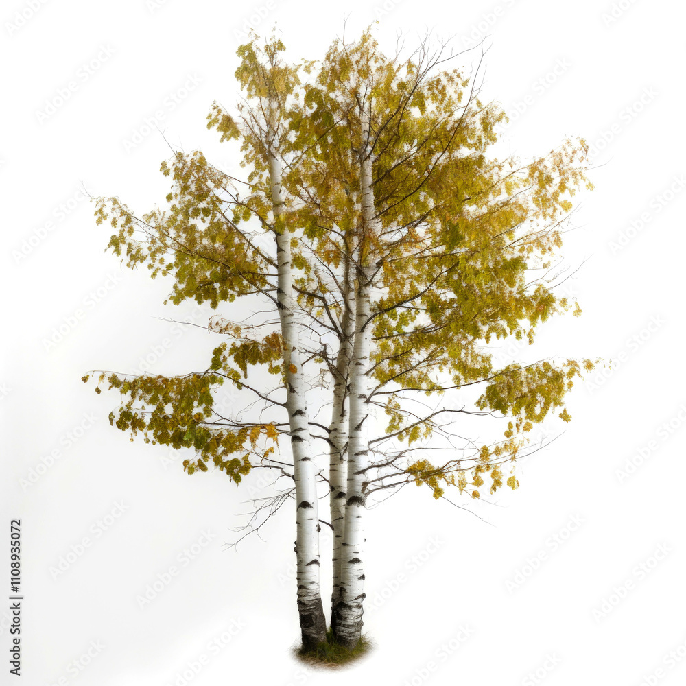 Fototapeta premium Three birch trees with yellow leaves on white background.