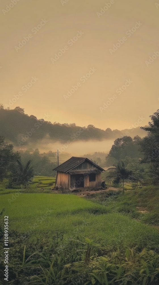 Fototapeta premium Small wooden house in green paddy fields, surrounded by foggy mountains and hills, fog in villages