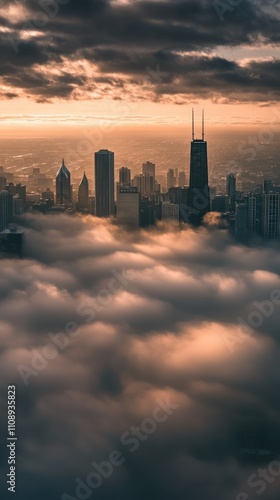 A high angle view of the cityscape building emerging from the fog in city
