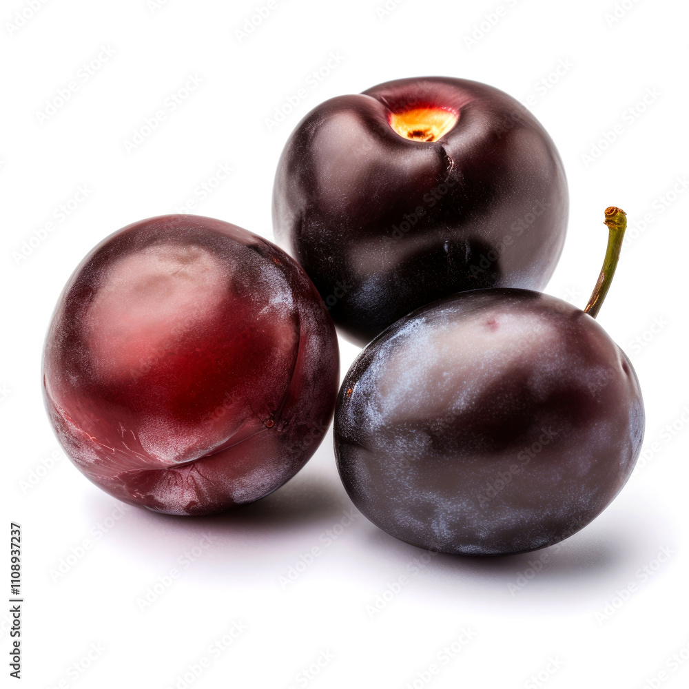 Fototapeta premium Three ripe plums isolated on white.