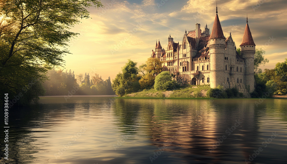 Enchanting castle by the tranquil lake at sunset Enchanting castle by the tranquil lake at sunset