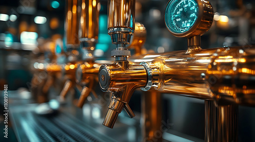 Shiny Beer Taps Gleam in Bar's Warm Lighting, Craft Beer on Tap photo