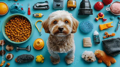 Adorable Puppy Poses with Toys and Food Bowls