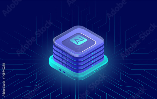 Artificial Intelligence isometric Vector Landing Page, AI Deep Learning, Machine Learning, technological Digital Brain Concepts, AI chipset on circuit board, neon blue illustration