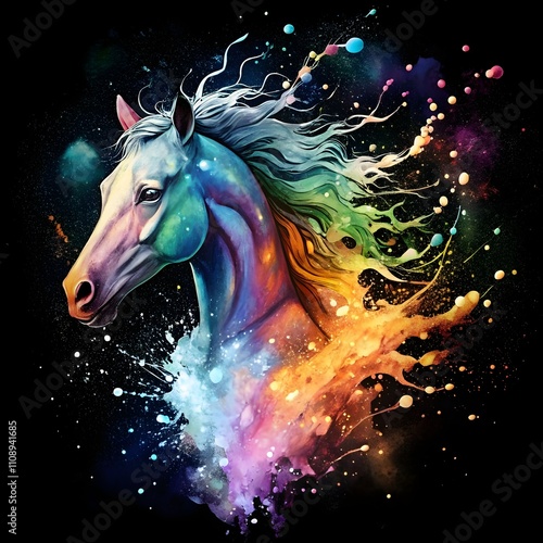 Stunning horse illustration With intricate details and bold colors, this abstract paint splash painting of a colorful horse head isolated on a black background photo