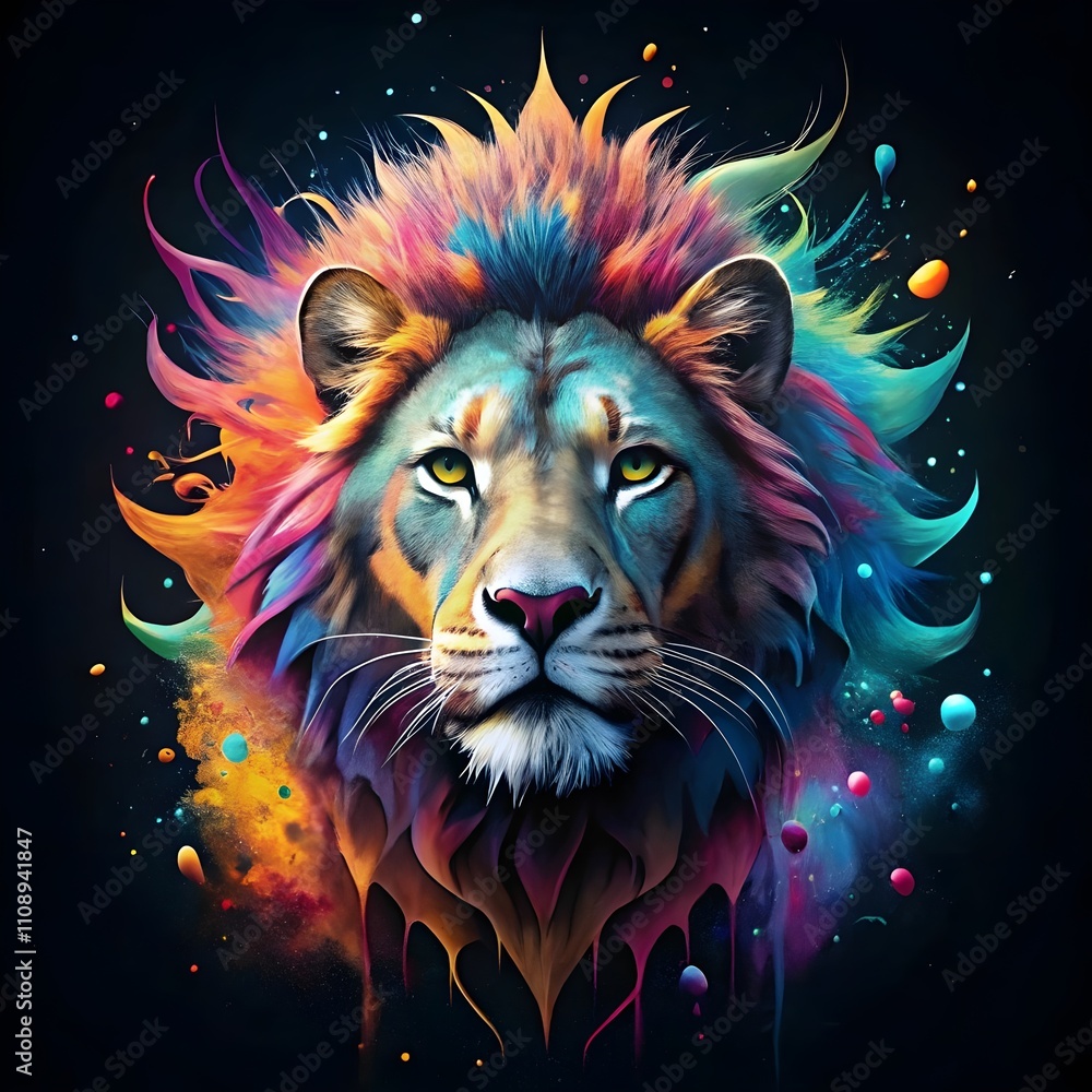 Fototapeta Stunning lion illustration With intricate details and bold colors, this abstract paint splash painting of a colorful lion head isolated on a black background