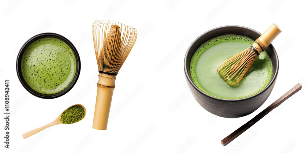 cup of matcha tea with traditional whisk, showcasing vibrant green hues and minimalistic design. Perfect for tea lovers and wellness enthusiasts