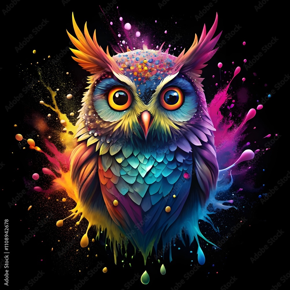 Stunning owl illustration With intricate details and bold colors, this abstract paint splash painting of a colorful owl head isolated on a black background Stunning owl illustration With intricate details and bold colors, this abstract paint splash painting of a colorful owl head isolated on a black background