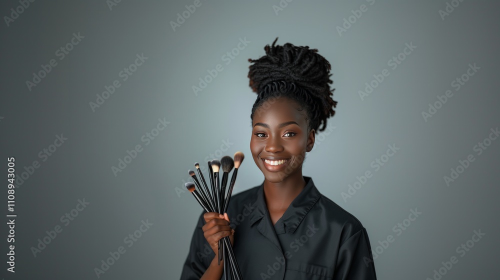 Obraz premium African American smiling Makeup Artist Holding Brushes