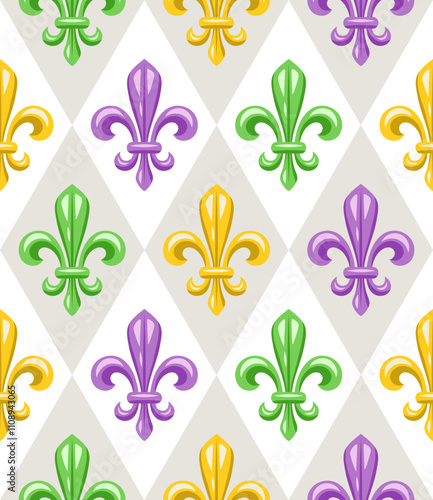 Geometric Mardi Gras pattern with Fleur de lis symbol on white background. Diagonal classic diamond shaped rhombus grid. Harlequin ornament.