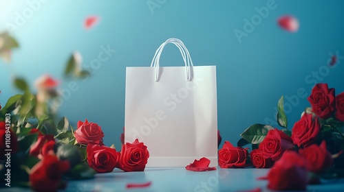 White Shopping Bag Surrounded by Red Roses on a Blue Background