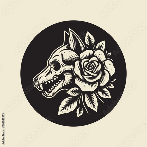 Dark vintage-style illustration of a wolf skull combined with a blooming rose, set in a circular black background. Perfect for gothic, tattoo, or fantasy-themed designs